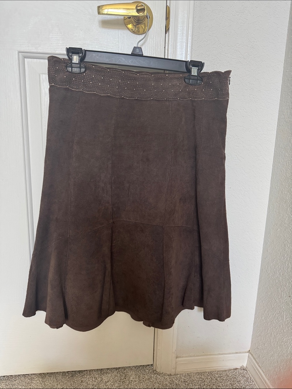CAbi Chocolate Brown Suede A-Line Skirt with Scalloped Waistband